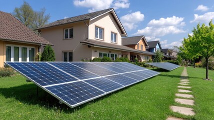 Suburban homes with solar panels, green lawn, sunny day