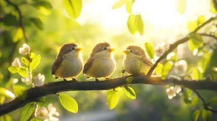 Obraz premium Three adorable birds perched on a branch in spring sunlight.