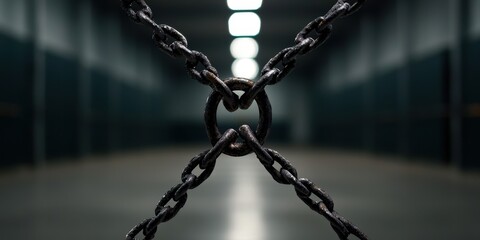 A close-up view of heavy metal chains crossing in a dimly lit corridor, symbolizing confinement and restriction.