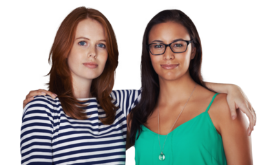 Portrait, couple of friends and women hug for fashion isolated on a transparent png background. Face, girls and embrace for care, support or trust together, love or interracial lesbian relationship