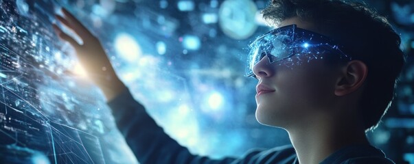 Teenager interacts with futuristic interface, digital data background,  virtual reality