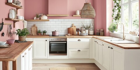 Modern Kitchen Design Featuring Pink Walls and Wood Accents