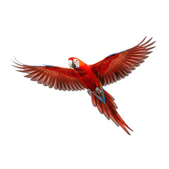 Fototapeta premium A vibrant red Scarlet Macaw majestically soaring through the air, spread wings showcasing colorful feathers on transparent background.