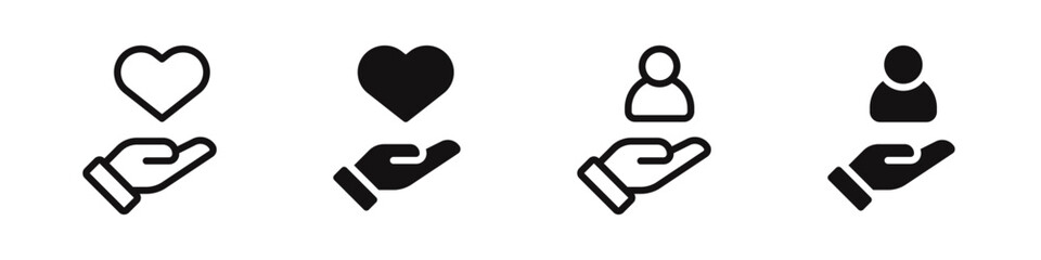 Love and care icons set. Heart, person in hand. Hands holding heart symbol collection. Vector Illustration.