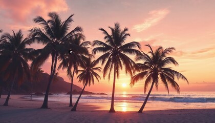Obraz premium Tropical Beach Sunset with Palm Trees and Vibrant Colors Background