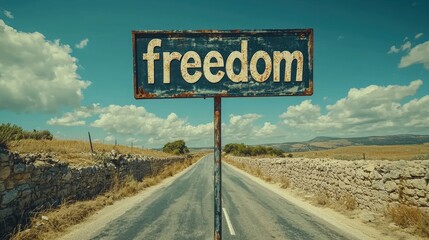 Rustic Freedom Sign on Deserted Road Under Vast Blue Sky with Clouds and Scenic Horizon