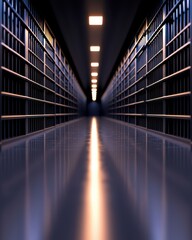 Obraz premium A dark corridor in a prison with metal bars and bright lights illuminating the path ahead.