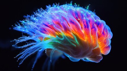 Obraz premium Bioluminescent jellyfish, ocean, glowing, dark background, science