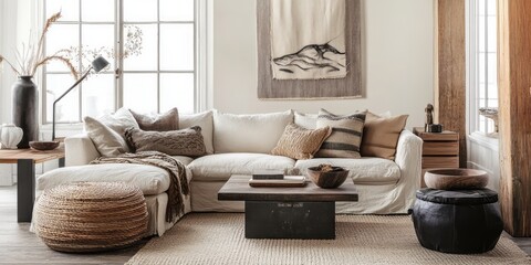 Fototapeta premium Modern Living Room Decor Featuring Neutral Tones and Textured Furnishings