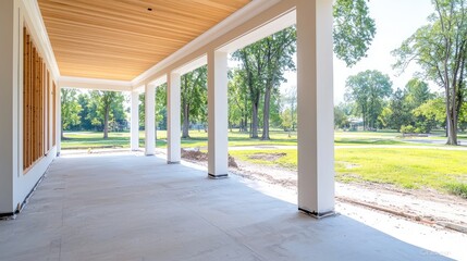 House porch under construction, sunny park view