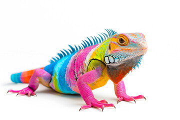Obraz premium Rainbow colors reptilian Iguana sitting on white backdrop
