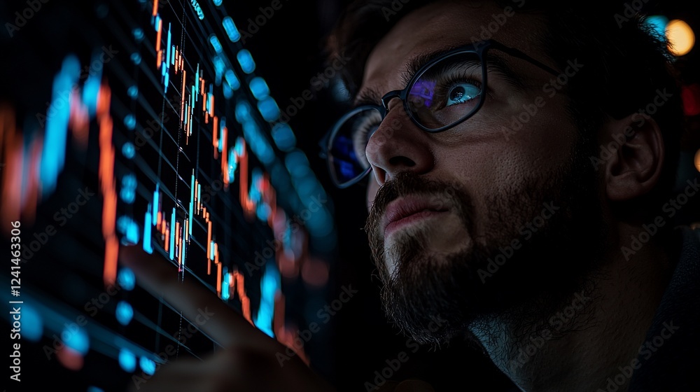 Poster trader analyzing stock market data at night, city lights blurred background