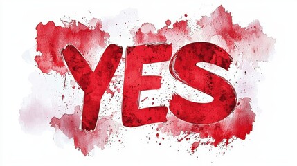 Bold Red "YES" Text Painted on a White Background with Artistic Watercolor Splashes and Dynamic Design Elements