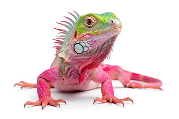 Obraz premium Rainbow colors reptilian Iguana sitting on white backdrop