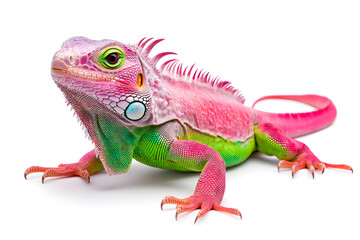 Fototapeta premium Rainbow colors reptilian Iguana sitting on white backdrop