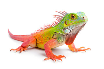 Obraz premium Rainbow colors reptilian Iguana sitting on white backdrop