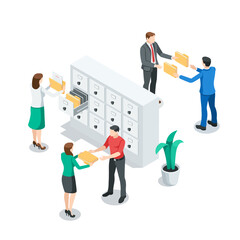 isometric vector business people with folders in archive, in color on white background, office work with archive