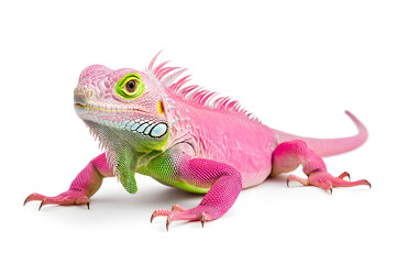Obraz premium Rainbow colors reptilian Iguana sitting on white backdrop