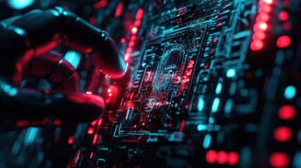 Robotic hand interacts with futuristic interface, data streams in background, tech concept