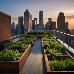 Fototapeta premium Rooftop Garden with City Skyline at Sunset 