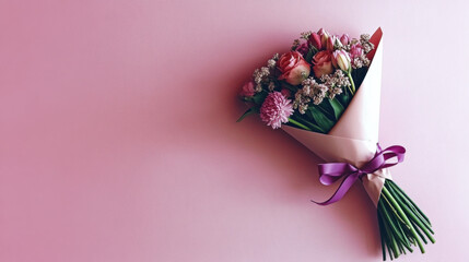 A bouquet of various flowers on a soft pastel background, featuring roses, tulips, and peonies, perfect for women's day or saint valentine's day