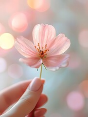Delicate pink flower held gently in spring light. Generative AI