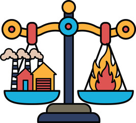 A scale with two sides, one side has a factory and the other side has a house