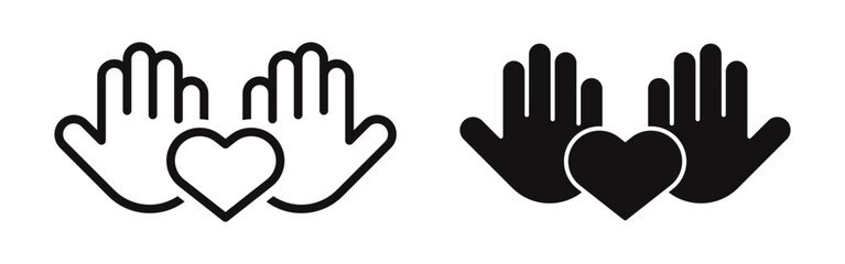 Heart in hand icons set. Hands holding heart symbol collection. Vector Illustration.
