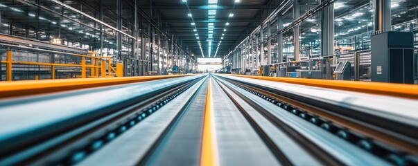 Factory conveyor belt system, long perspective, industrial background, manufacturing process