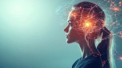 Fototapeta premium Woman's illuminated brain, neural network, thinking, innovation, future, technology, concept, profile, background