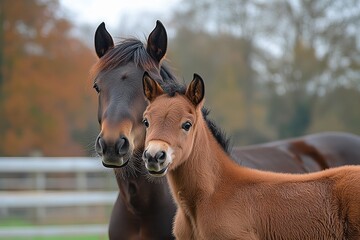 Fototapeta premium Beautiful brown mare standing protectively beside her young foal, lush green pasture in background, soft natural lighting enhances their gentle expressions, strong bond between mother and baby.