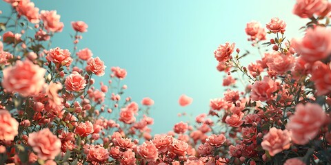 Rows of pink flowers bloom under a clear blue sky in spring. Generative AI
