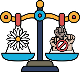 A scale with a flower on one side and two hands on the other side