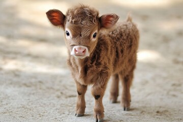 Fototapeta premium Newborn calf with large, innocent eyes and soft, chocolate-brown fur stands on wobbly legs, exploring its surroundings.