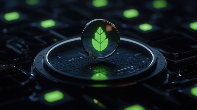 A glowing leaf symbol on a digital surface, representing sustainability and technology in harmony with nature.