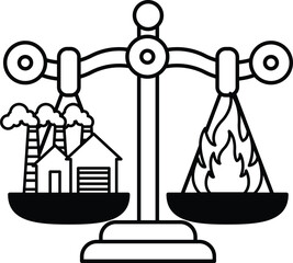 A scale with two sides, one side has a house and the other side has a factory