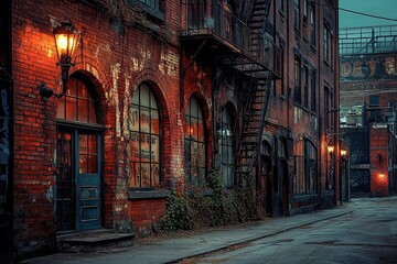 Fototapeta premium Old red brick building with faded painted advertisements on its walls stands alone, its large arched windows covered in ivy, evoking nostalgia.