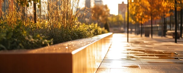 Fototapeta premium Wet urban planter, autumn sun, city backdrop, design