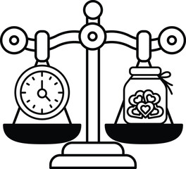 A scale with a clock and a jar on it