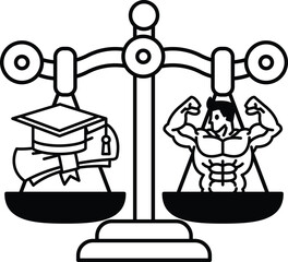 A scale with a man on one side and a book on the other