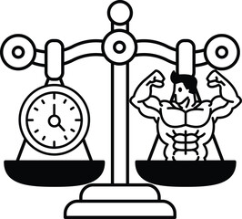 A man with a muscular build is on a scale with a clock
