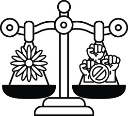A black and white drawing of a scale with a flower on one side