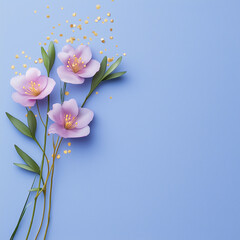 Obraz premium Three pink flowers are on a blue background. Minimalistic background.