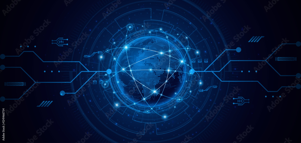 Poster Global connection network background. World map. High-speed internet technology concept or fast wireless data transmission. modern internet network connection technology background	