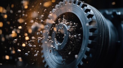 Fototapeta premium Gear grinding machine, sparks fly, industrial factory, close-up, manufacturing