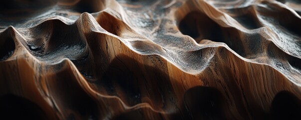 Obraz premium Carved wood texture, abstract landscape, dark background, design element