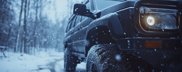 SUV drives snowy forest road