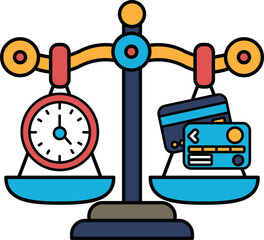 A scale with a clock and credit card on one side and a credit card on the other