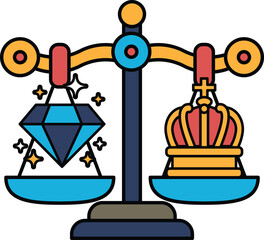 A scale with a diamond on one side and a crown on the other