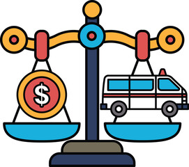 A scale with a dollar sign on one side and a van on the other